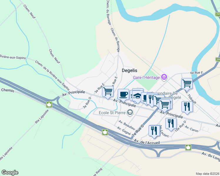 map of restaurants, bars, coffee shops, grocery stores, and more near 422 4e Rue Ouest in Dégelis
