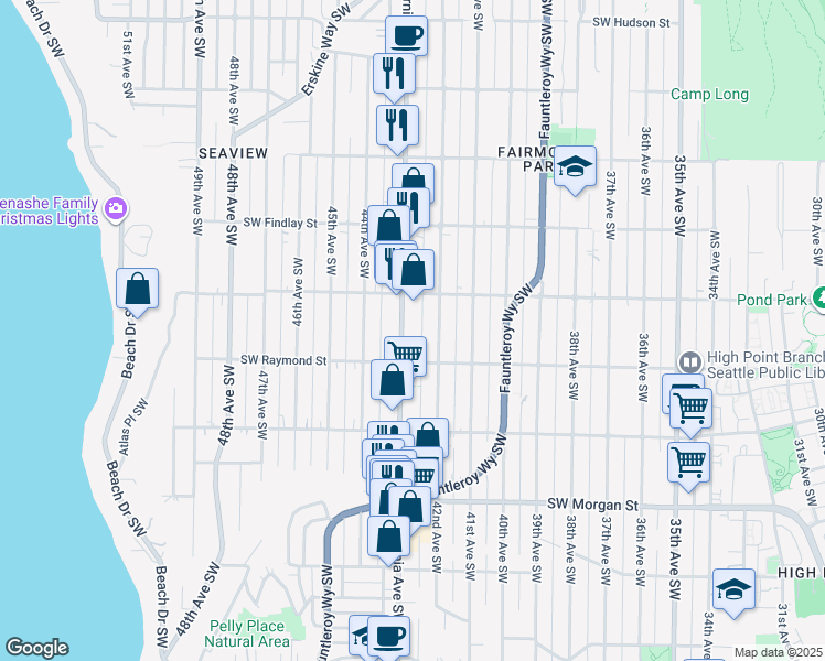 map of restaurants, bars, coffee shops, grocery stores, and more near California Avenue Southwest in Seattle