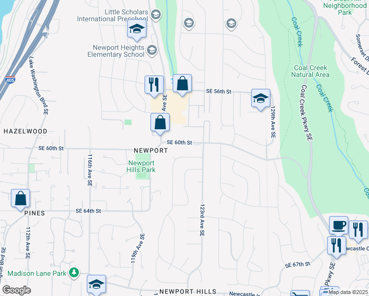 map of restaurants, bars, coffee shops, grocery stores, and more near 12205 Southeast 60th Street in Bellevue
