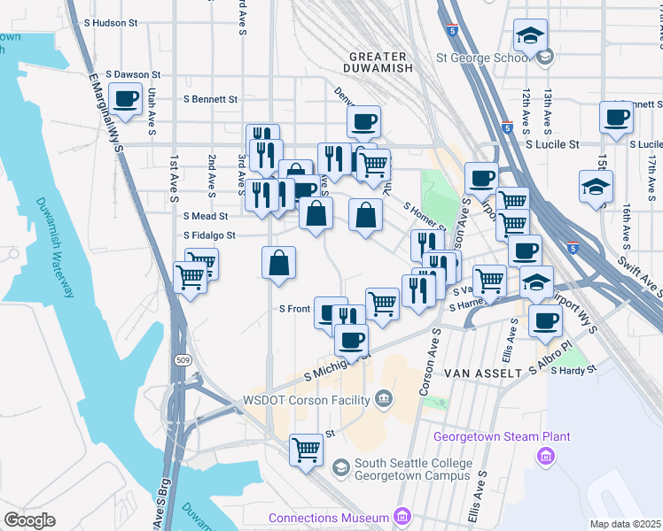map of restaurants, bars, coffee shops, grocery stores, and more near 5943 6th Avenue South in Seattle