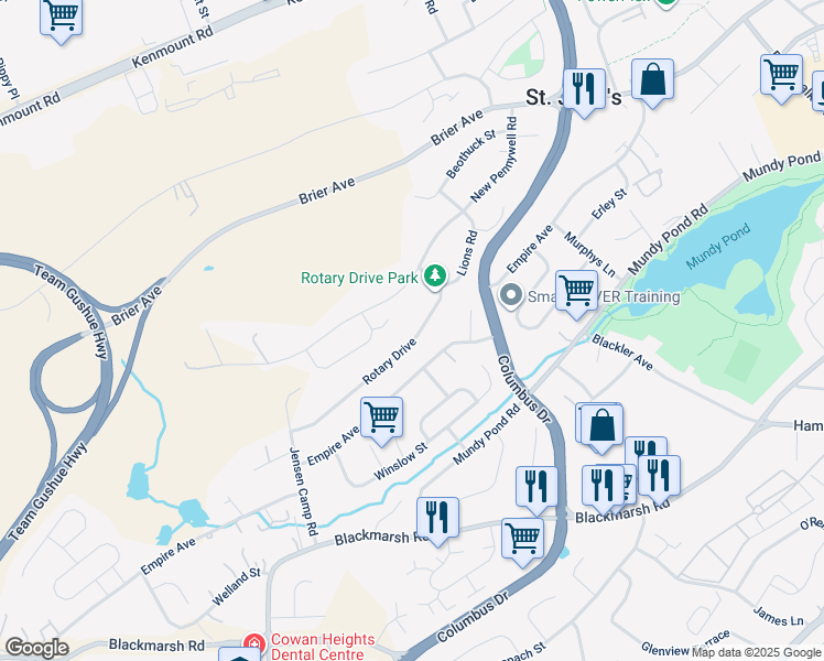 map of restaurants, bars, coffee shops, grocery stores, and more near 26 Rotary Drive in St. John's