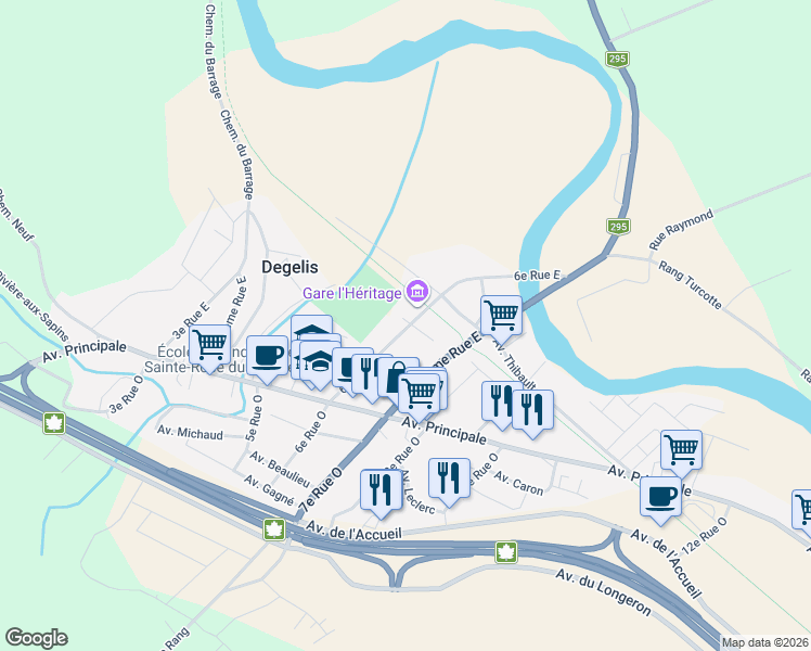 map of restaurants, bars, coffee shops, grocery stores, and more near 594 6e Rue Est in Dégelis