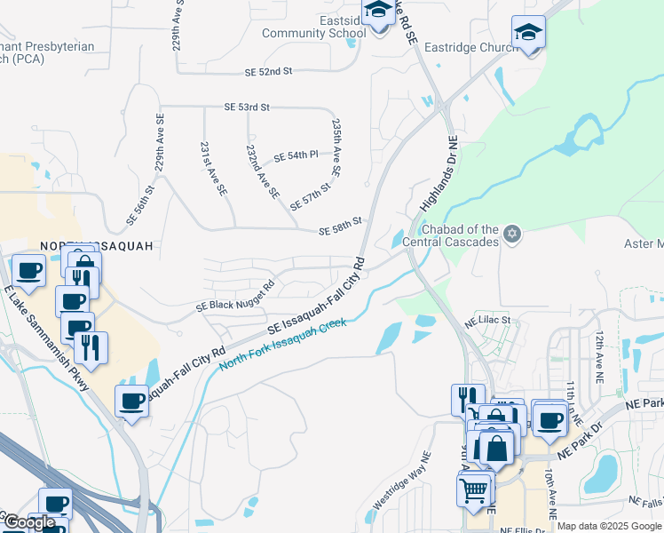 map of restaurants, bars, coffee shops, grocery stores, and more near 23425 Southeast Black Nugget Road in Issaquah