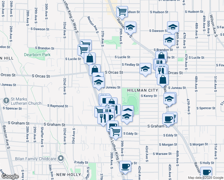 map of restaurants, bars, coffee shops, grocery stores, and more near 5814 Renton Avenue South in Seattle