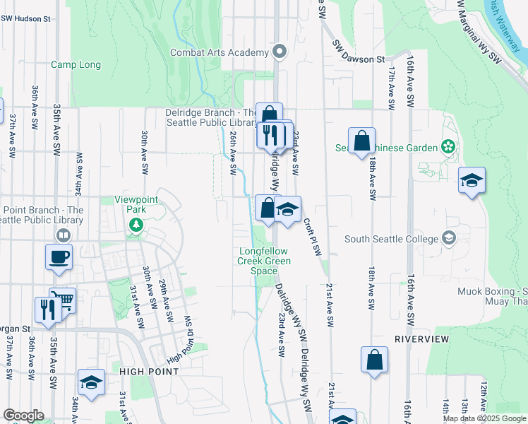 map of restaurants, bars, coffee shops, grocery stores, and more near 5915 Delridge Way Southwest in Seattle