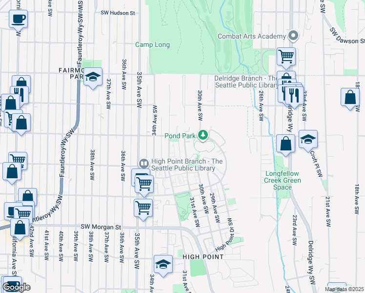 map of restaurants, bars, coffee shops, grocery stores, and more near Southwest Juneau Street in Seattle