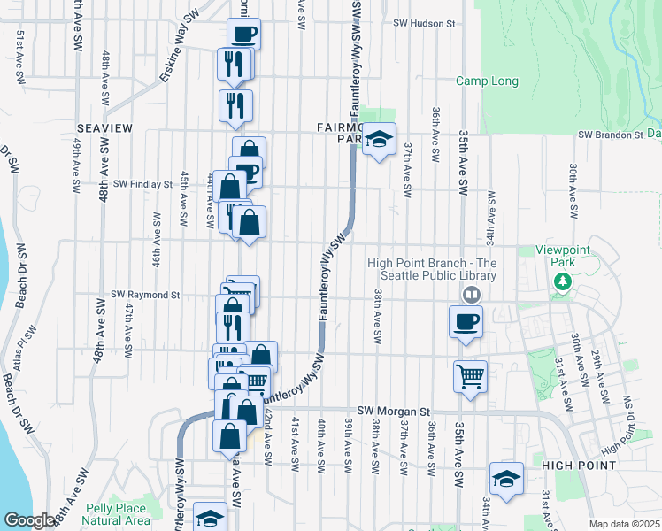 map of restaurants, bars, coffee shops, grocery stores, and more near 5907 39th Avenue Southwest in Seattle