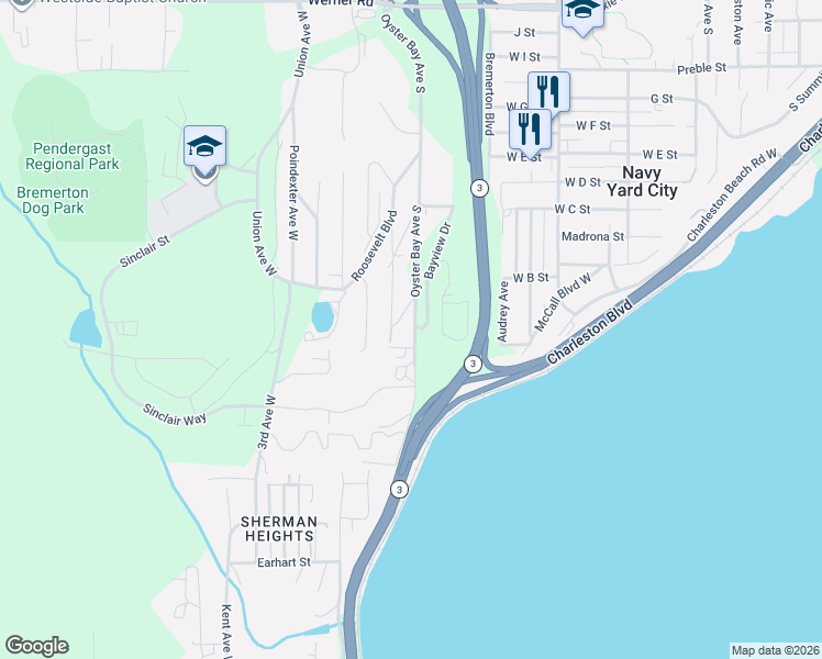 map of restaurants, bars, coffee shops, grocery stores, and more near 1600 Oyster Bay Avenue South in Bremerton