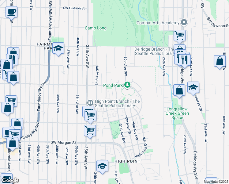 map of restaurants, bars, coffee shops, grocery stores, and more near Southwest Juneau Street in Seattle