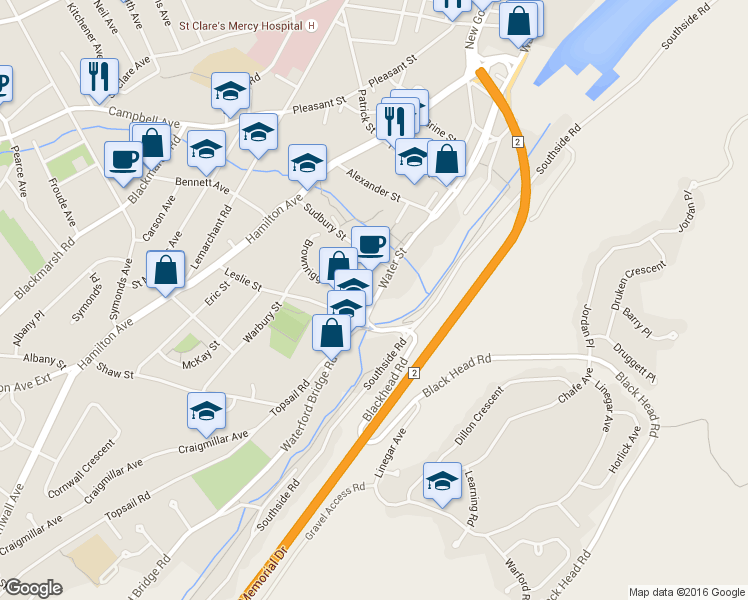 map of restaurants, bars, coffee shops, grocery stores, and more near 720 Water Street in St. John's