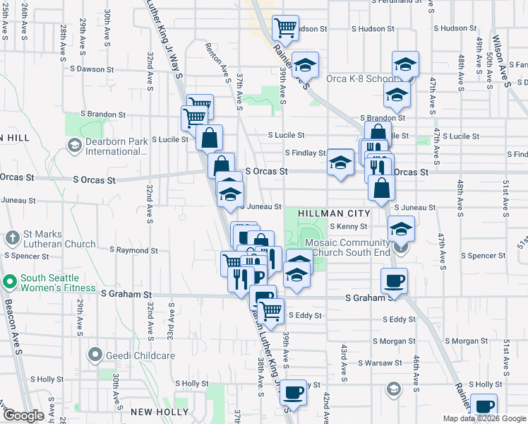 map of restaurants, bars, coffee shops, grocery stores, and more near 3801 South Juneau Street in Seattle
