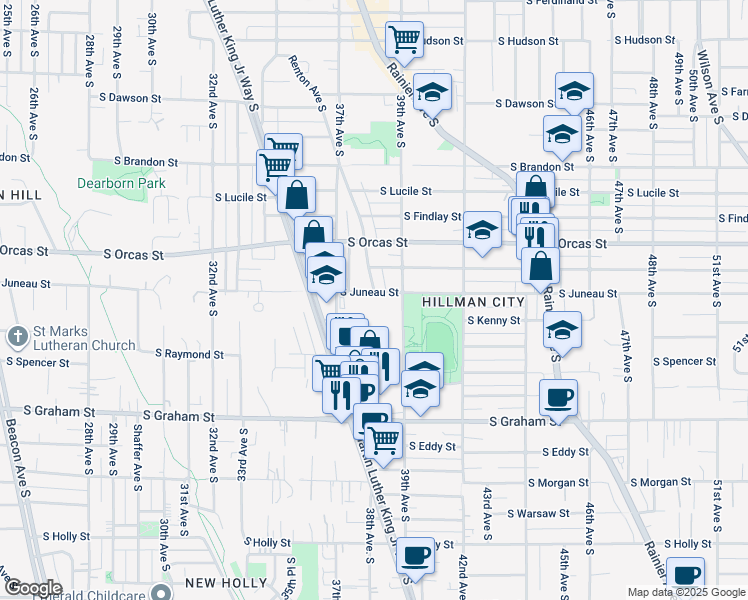 map of restaurants, bars, coffee shops, grocery stores, and more near 3801 South Juneau Street in Seattle