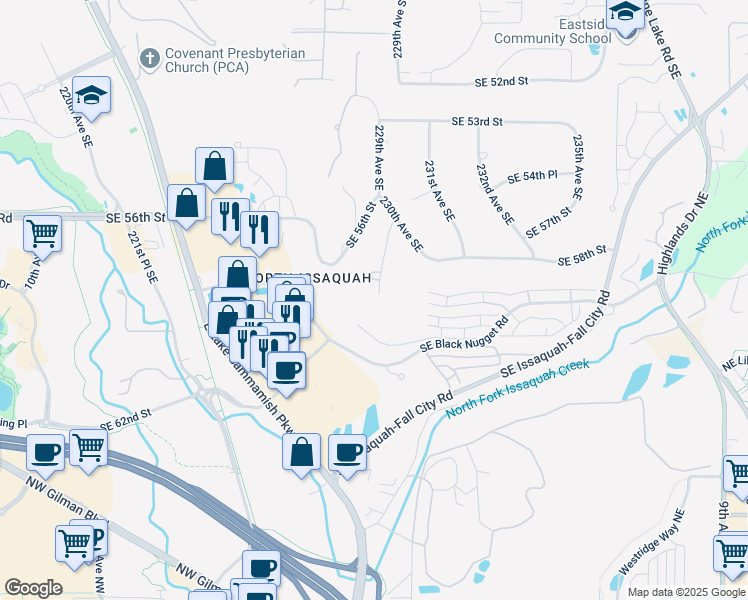 map of restaurants, bars, coffee shops, grocery stores, and more near 5905 229th Avenue Southeast in Issaquah