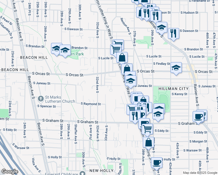 map of restaurants, bars, coffee shops, grocery stores, and more near 5729 33rd Avenue South in Seattle
