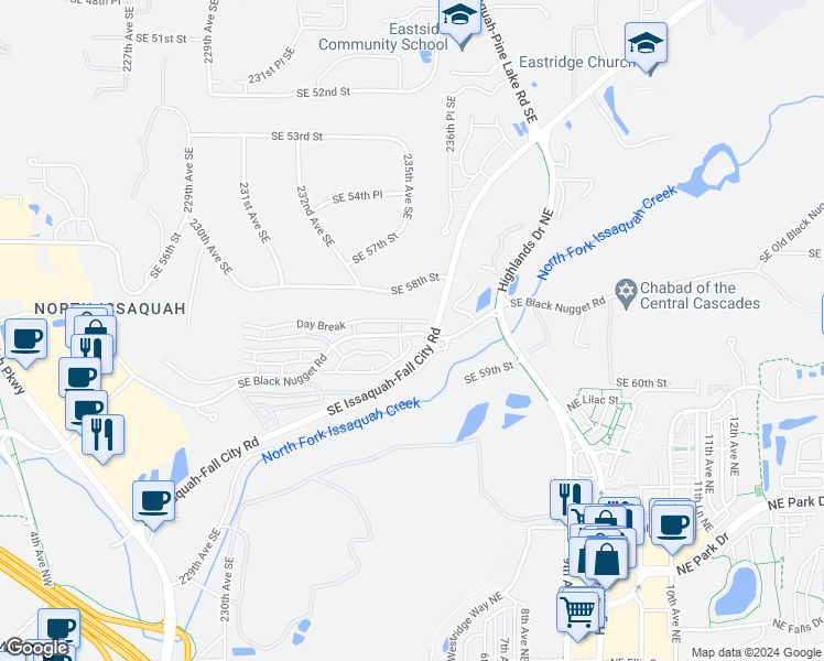 map of restaurants, bars, coffee shops, grocery stores, and more near 23231 Southeast 58th Street in Issaquah