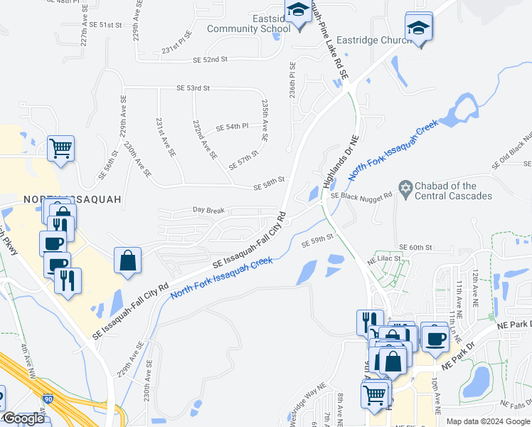 map of restaurants, bars, coffee shops, grocery stores, and more near 23231 Southeast 58th Street in Issaquah
