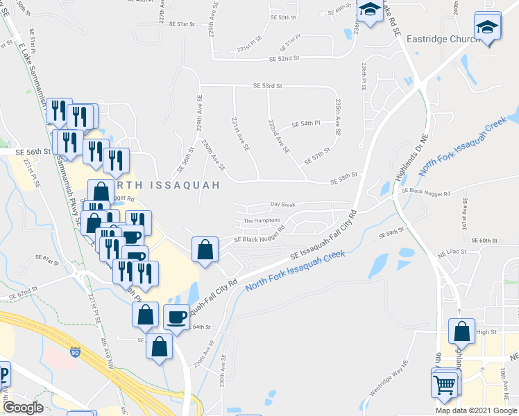 map of restaurants, bars, coffee shops, grocery stores, and more near 23300 Southeast Black Nugget Road in Issaquah