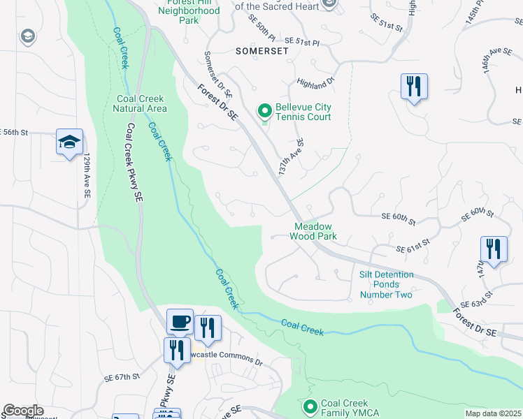 map of restaurants, bars, coffee shops, grocery stores, and more near 13620 Southeast 59th Street in Bellevue