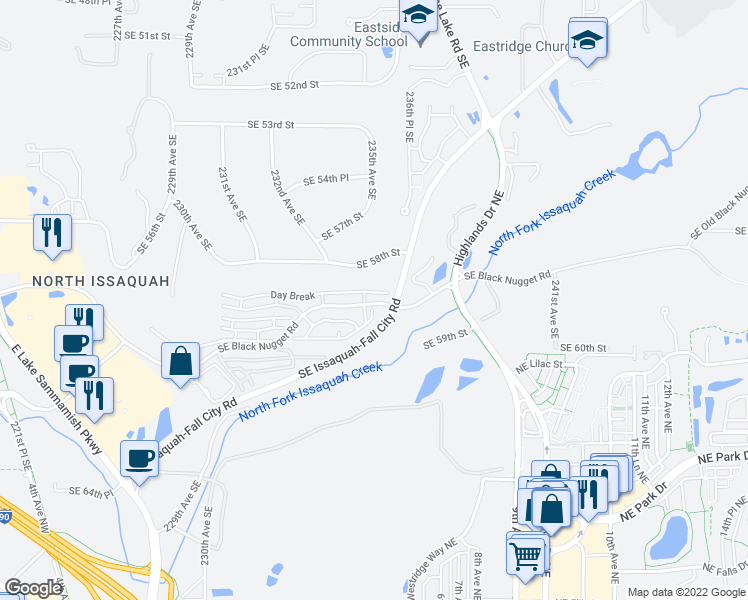 map of restaurants, bars, coffee shops, grocery stores, and more near 23231 Southeast 58th Street in Issaquah
