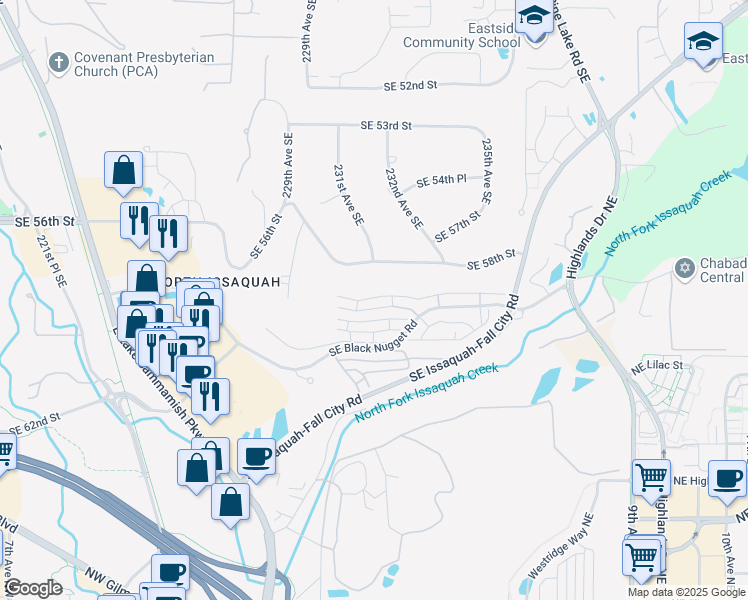 map of restaurants, bars, coffee shops, grocery stores, and more near 23300 Southeast Black Nugget Road in Issaquah