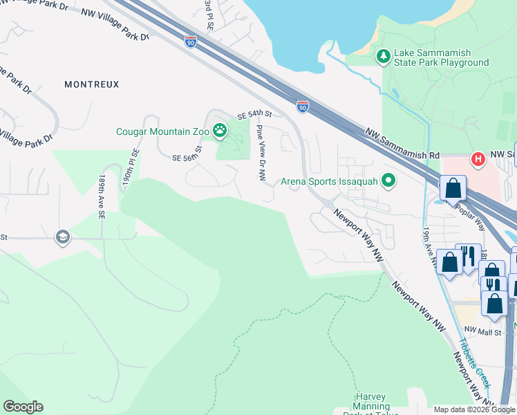 map of restaurants, bars, coffee shops, grocery stores, and more near 19419 Southeast 57th Place in Issaquah