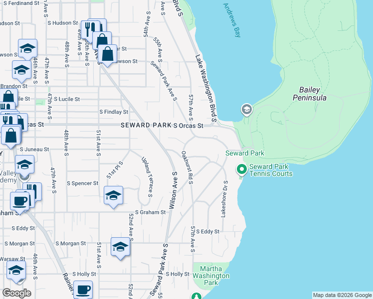 map of restaurants, bars, coffee shops, grocery stores, and more near 5804 Oakhurst Road South in Seattle