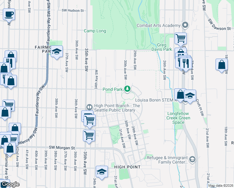 map of restaurants, bars, coffee shops, grocery stores, and more near 3015 Southwest Juneau Street in Seattle