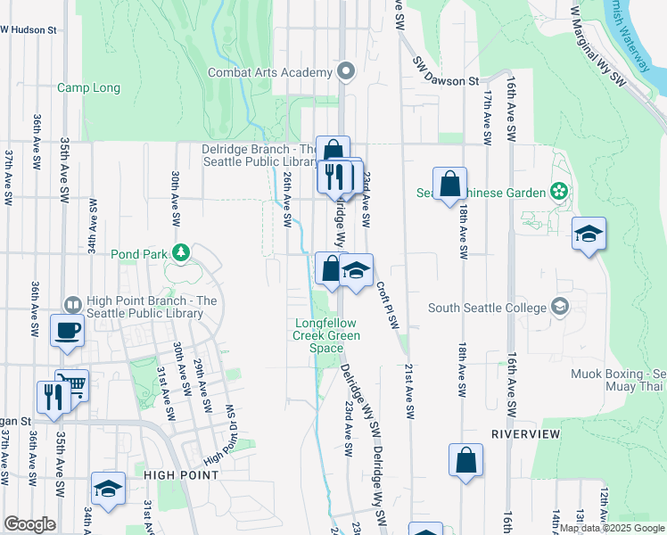 map of restaurants, bars, coffee shops, grocery stores, and more near 5915 Delridge Way Southwest in Seattle