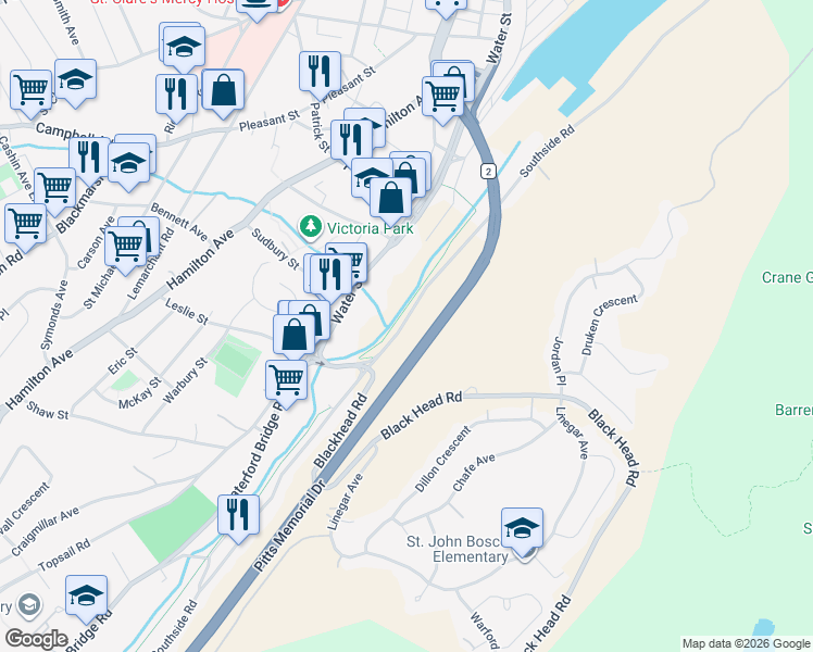 map of restaurants, bars, coffee shops, grocery stores, and more near 371 Southside Road in St. John's