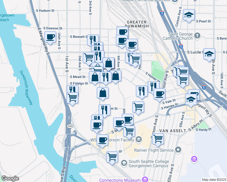 map of restaurants, bars, coffee shops, grocery stores, and more near 5933 6th Avenue South in Seattle