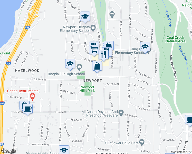 map of restaurants, bars, coffee shops, grocery stores, and more near 12018 Southeast 60th Street in Bellevue