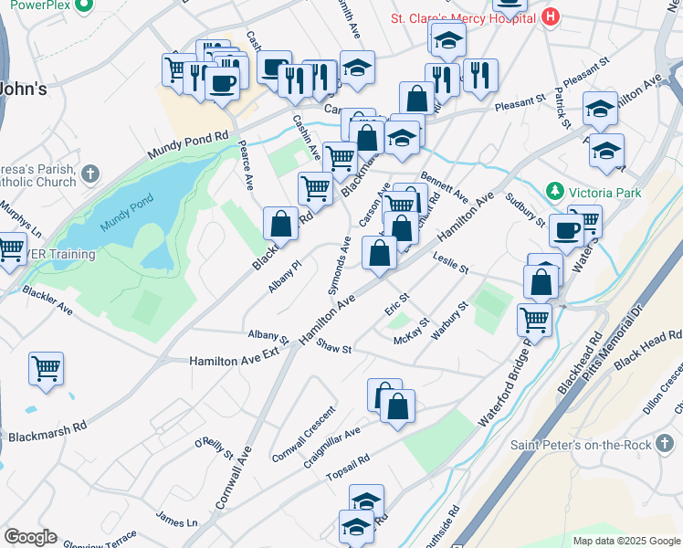 map of restaurants, bars, coffee shops, grocery stores, and more near 12 Symonds Avenue in St. John's