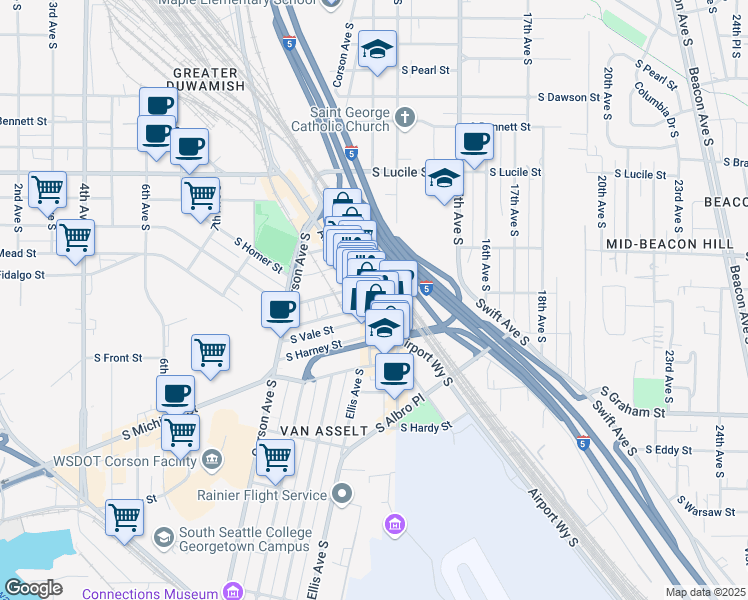 map of restaurants, bars, coffee shops, grocery stores, and more near 6000 Airport Way South in Seattle