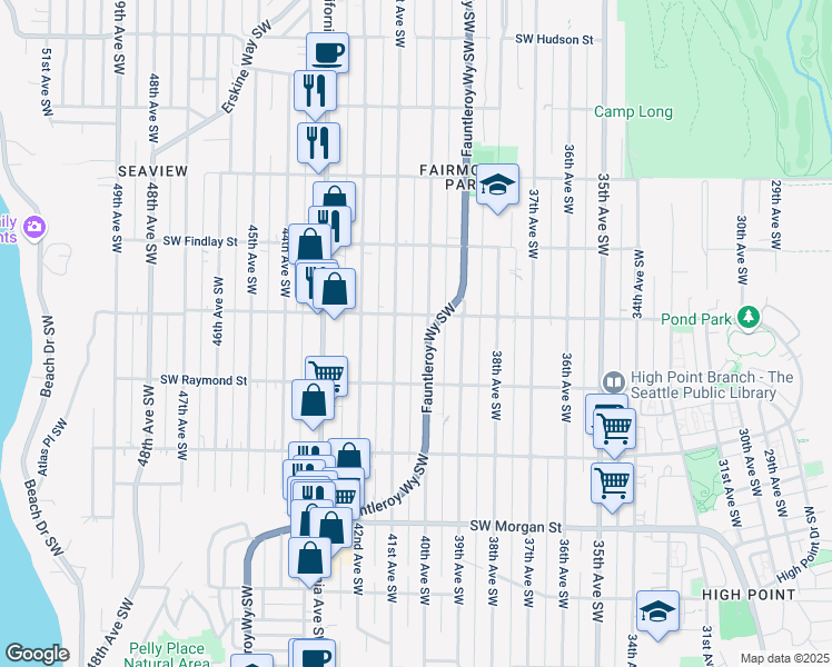map of restaurants, bars, coffee shops, grocery stores, and more near 5909 40th Avenue Southwest in Seattle