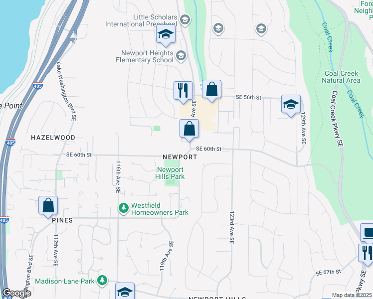 map of restaurants, bars, coffee shops, grocery stores, and more near 12018 Southeast 60th Street in Bellevue