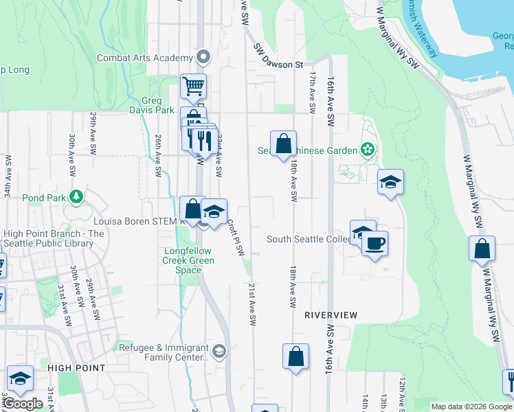 map of restaurants, bars, coffee shops, grocery stores, and more near 5900 21st Avenue Southwest in Seattle