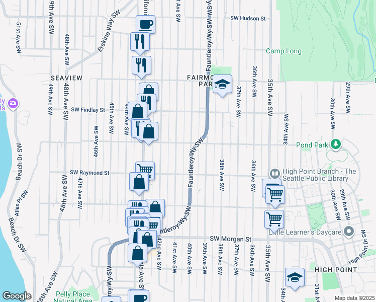 map of restaurants, bars, coffee shops, grocery stores, and more near 5909 40th Avenue Southwest in Seattle