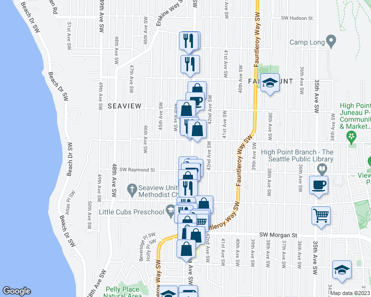 map of restaurants, bars, coffee shops, grocery stores, and more near 5910 44th Avenue Southwest in Seattle