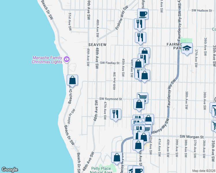 map of restaurants, bars, coffee shops, grocery stores, and more near 4701 Southwest Juneau Street in Seattle
