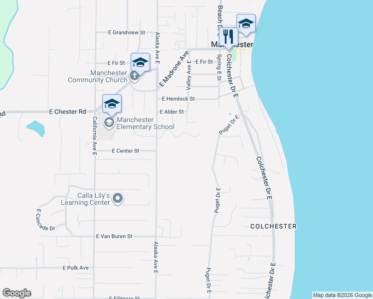 map of restaurants, bars, coffee shops, grocery stores, and more near 7656 East Alki View Court in Port Orchard