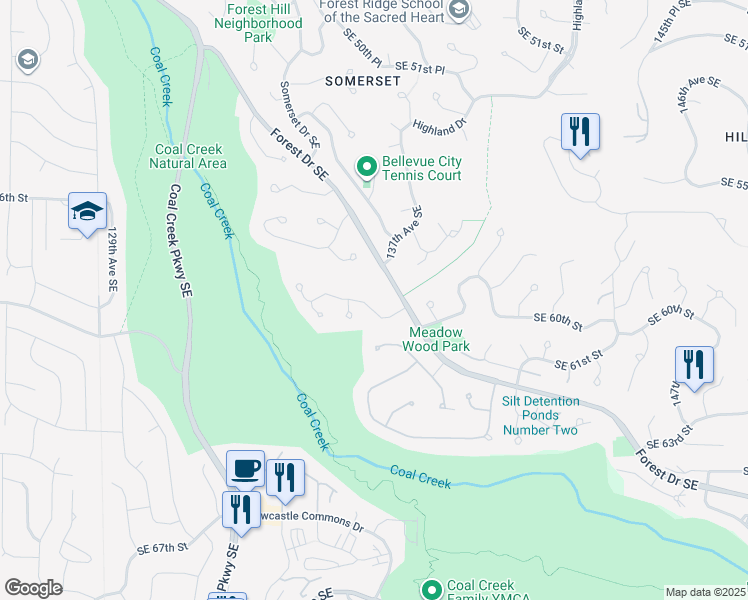 map of restaurants, bars, coffee shops, grocery stores, and more near 13620 Southeast 59th Street in Bellevue