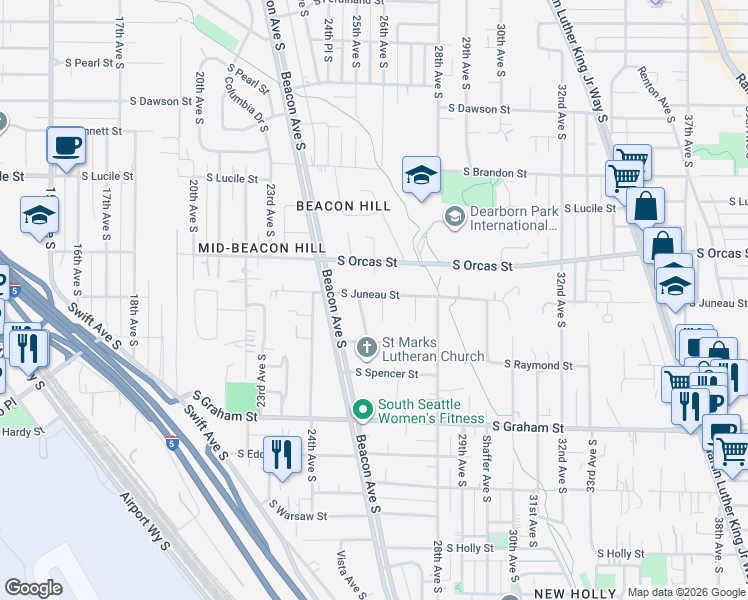 map of restaurants, bars, coffee shops, grocery stores, and more near 2511 South Juneau Street in Seattle