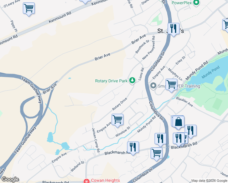 map of restaurants, bars, coffee shops, grocery stores, and more near 204 New Pennywell Road in St. John's