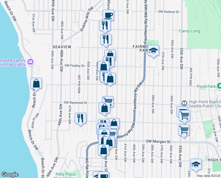 map of restaurants, bars, coffee shops, grocery stores, and more near California Avenue Southwest in Seattle