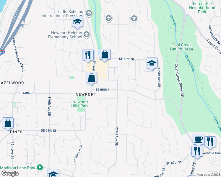 map of restaurants, bars, coffee shops, grocery stores, and more near 12230 Southeast 60th Street in Bellevue