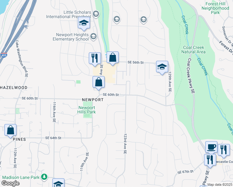 map of restaurants, bars, coffee shops, grocery stores, and more near 12230 Southeast 60th Street in Bellevue