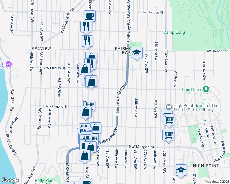 map of restaurants, bars, coffee shops, grocery stores, and more near 5909 40th Avenue Southwest in Seattle