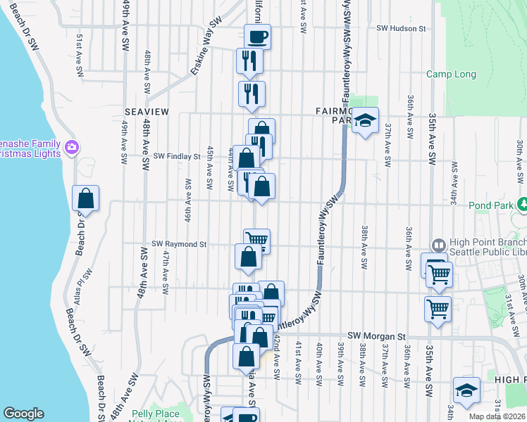 map of restaurants, bars, coffee shops, grocery stores, and more near California Avenue Southwest in Seattle