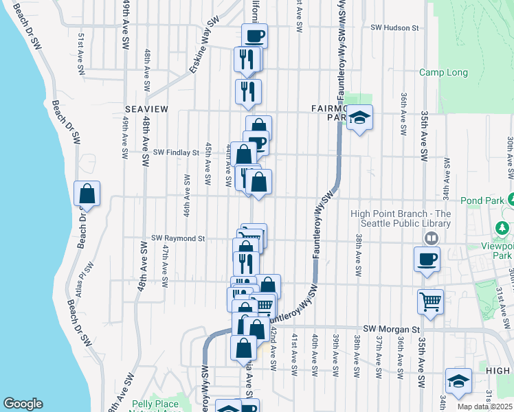 map of restaurants, bars, coffee shops, grocery stores, and more near California Avenue Southwest in Seattle