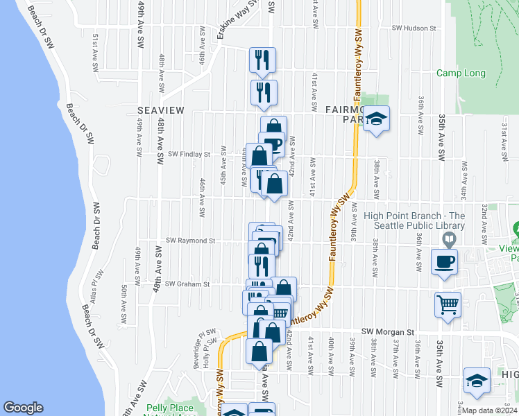 map of restaurants, bars, coffee shops, grocery stores, and more near 5910 44th Avenue Southwest in Seattle